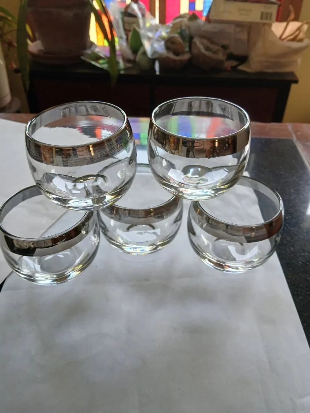 Vintage glass barware roly poly silver band MCM barware  flaws
